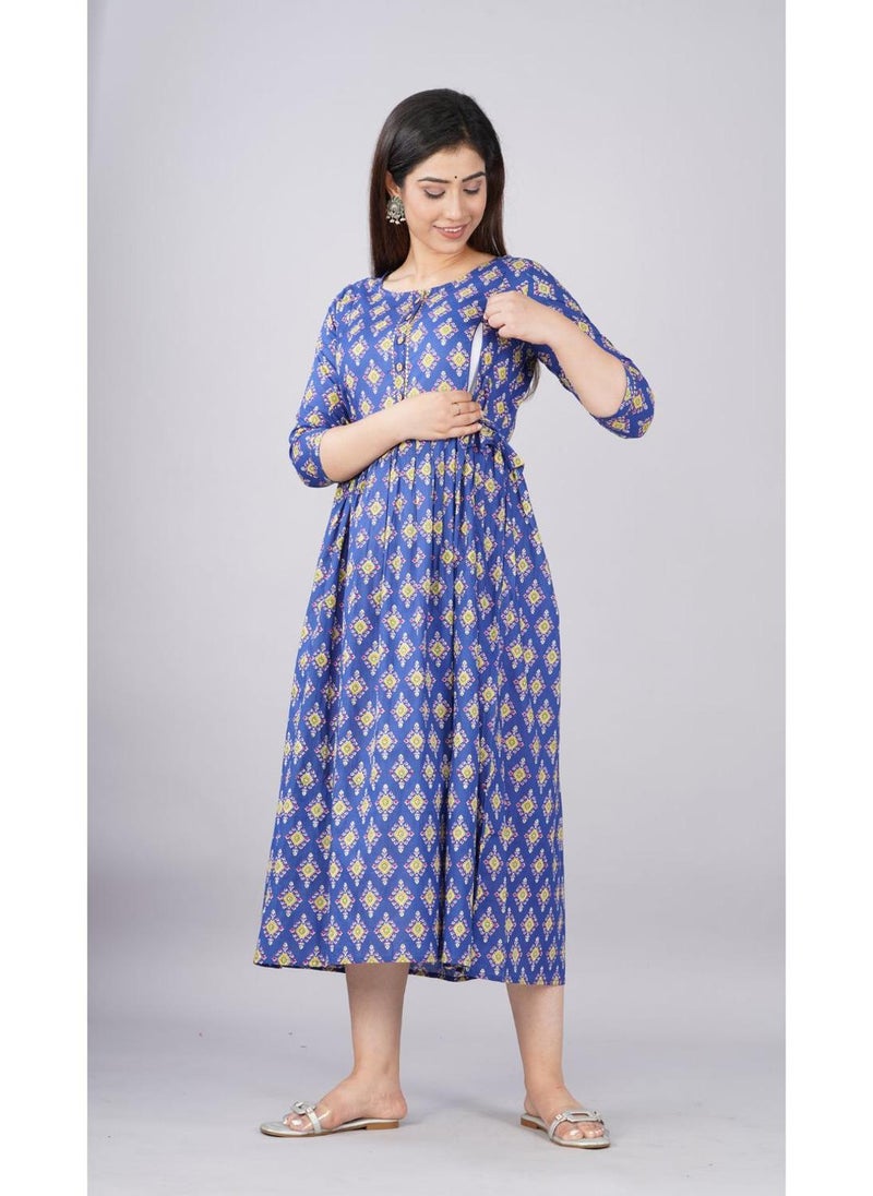 Blue Cotton Maternity Baby Feeding Dress