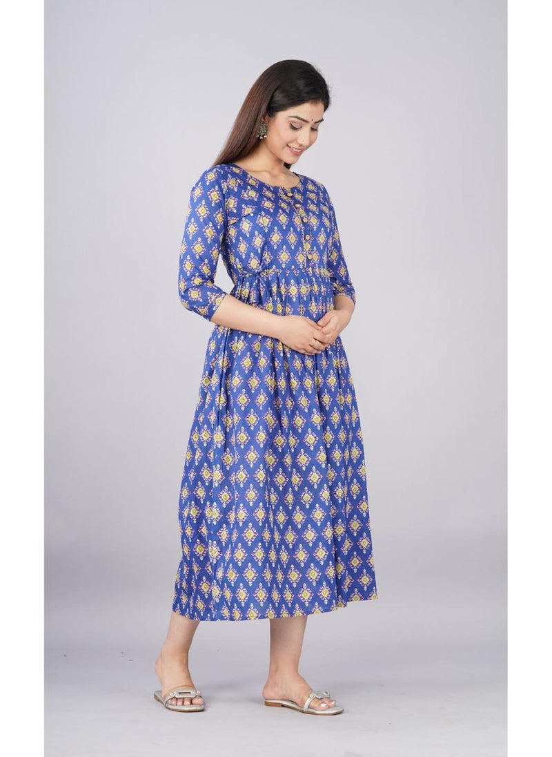 Blue Cotton Maternity Baby Feeding Dress