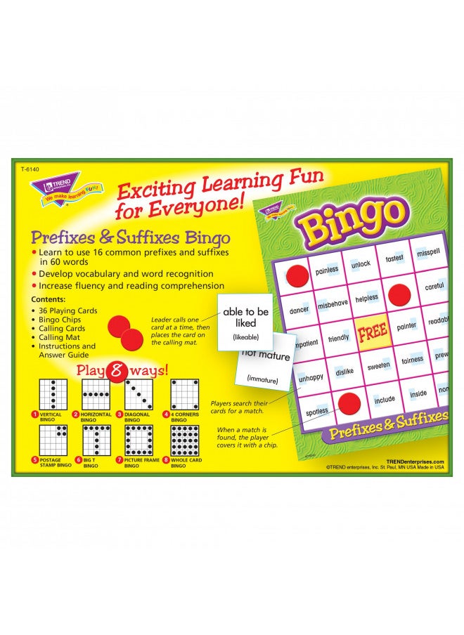 TREND ENTERPRISES: Prefixes & Suffixes Bingo Game, Exciting Way for Everyone to Learn, Play 8 Different Ways, Great for Classrooms and At Home, 2 to 36 Players, For Ages 8 and Up