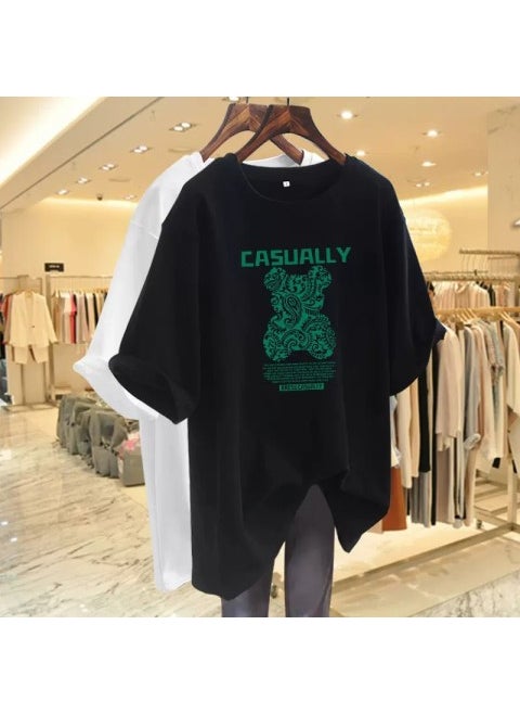 1 x 5 pcs Emerald Green Cartoon Bear Oversized Tee Women Spring/Summer 2023 Black