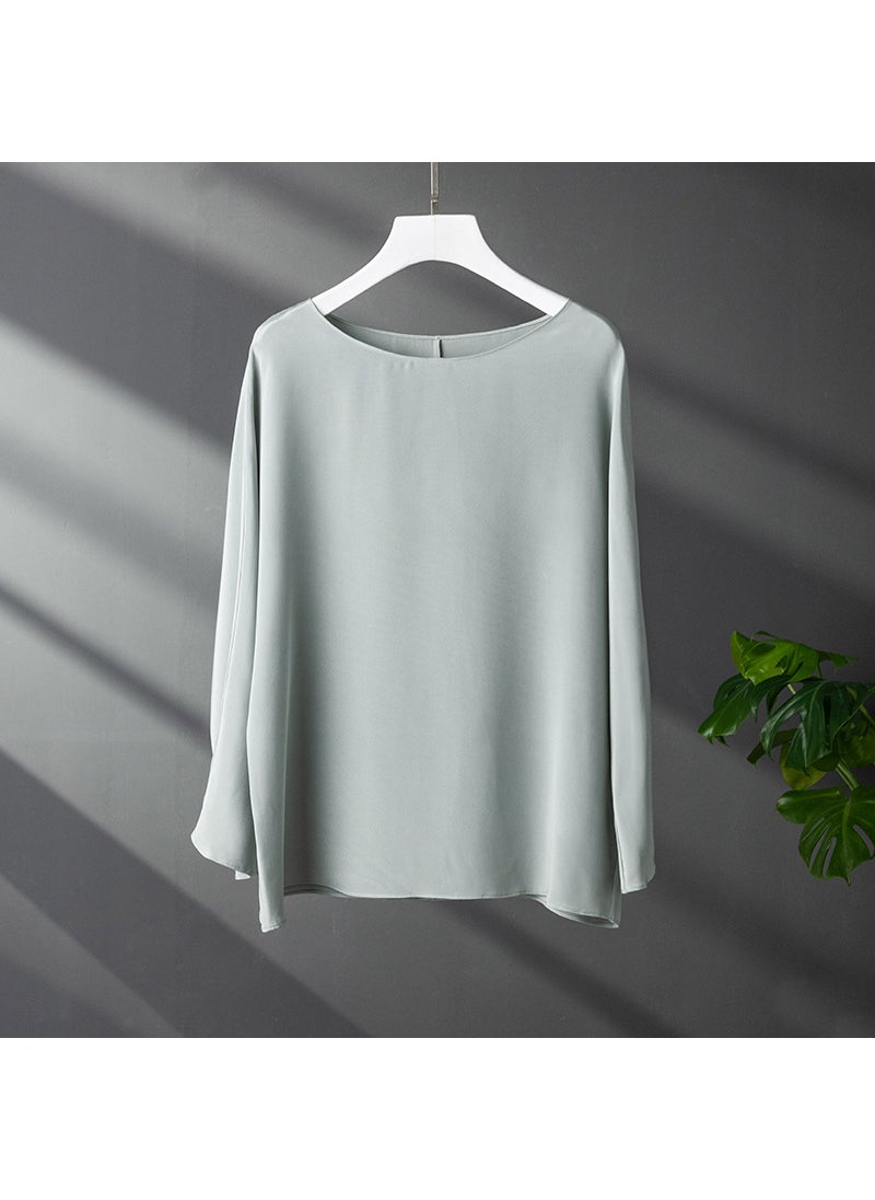 2024 Summer Silk Womens T-shirt Round Neck Long Sleeve Top Green