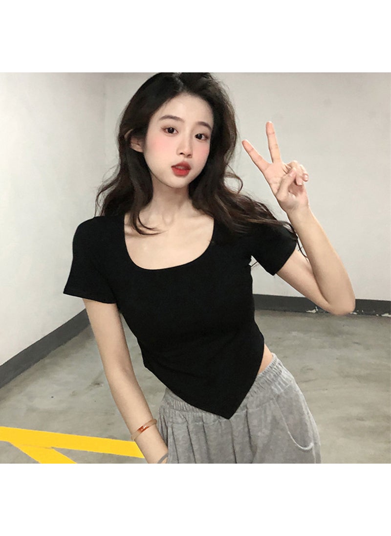 1 x 5 pcs Chic Square Neck Crop Tee Slim Fit Summer 2024 Black