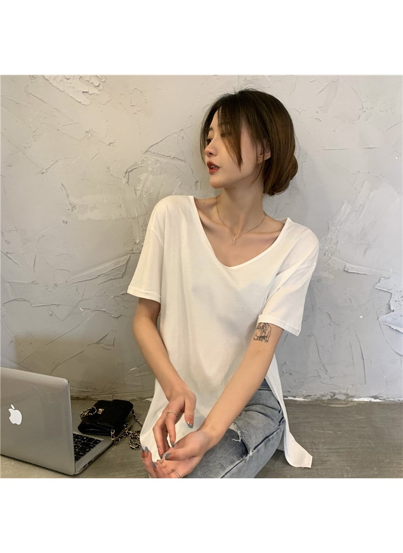 1 x 5 pcs Split V-Neck Short Sleeve Tees Chic Loose Womens Top Summer 2024 White