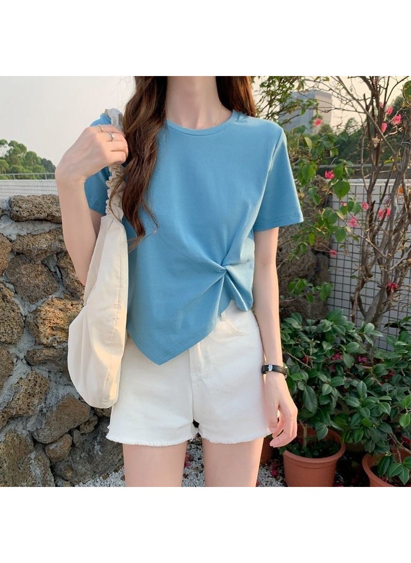 1 x 5 pcs Twisted Knot T-shirt 2024 Summer Fashion Blue