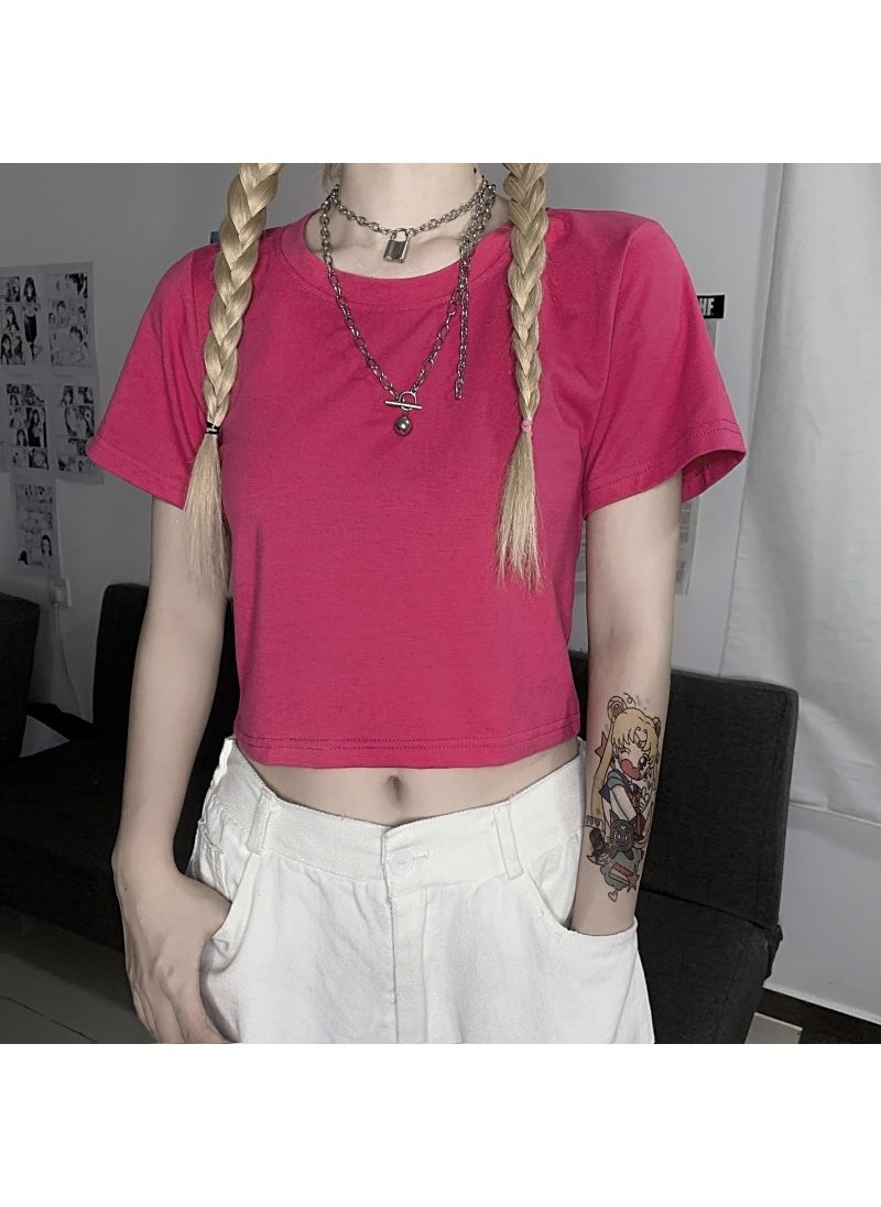 1 x 5 pcs 2024 Candy Color Slim Crop Tee Rose Red