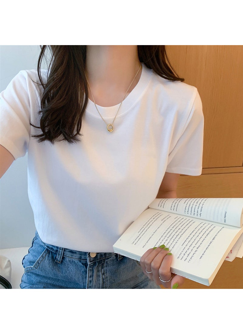 2023 Summer Heavy Cotton Short-sleeved T-shirt Womens Mens and Womens Basic Same Style Solid Color Round Neck Loose ins Trendy Base Shirt White