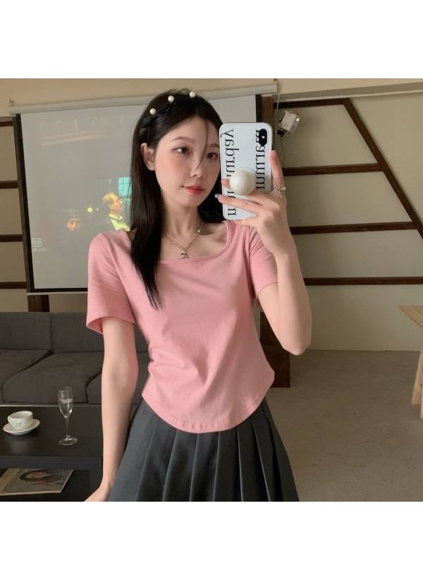 1 x 5 pcs Summer 2024 Womens Irregular Short Sleeve Crop Top Pink