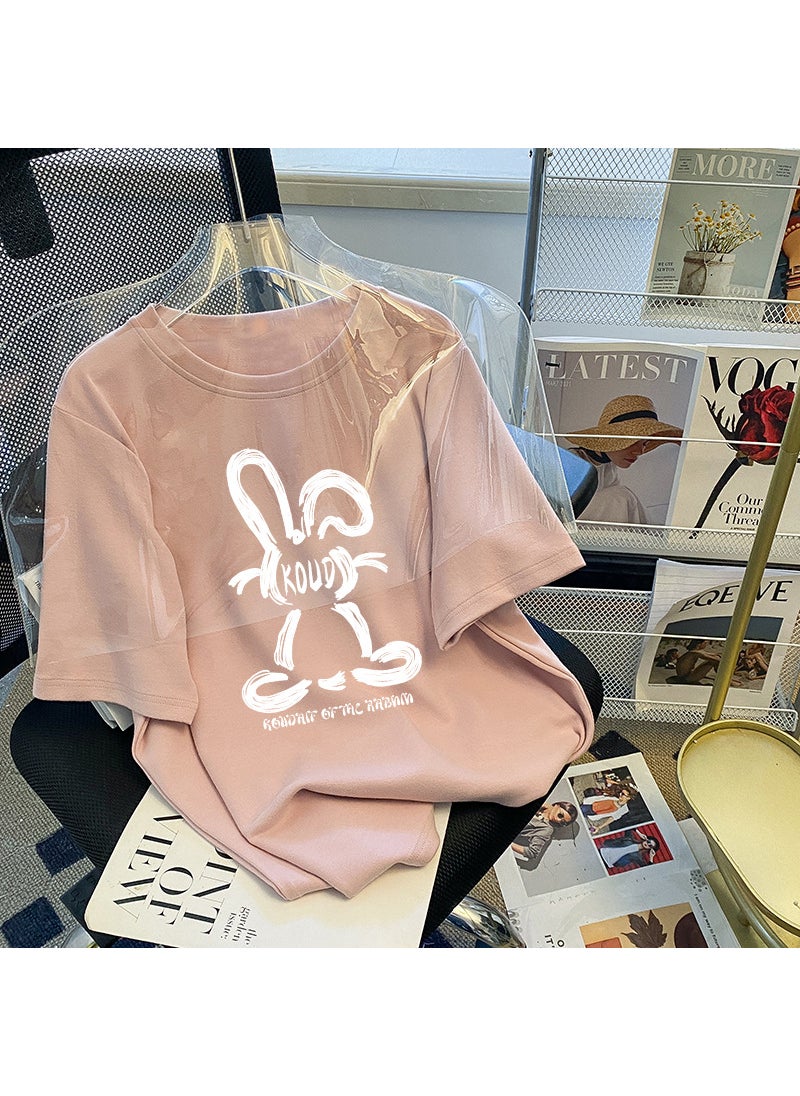 1 x 5 pcs 2023 Summer Fashion Oversized Tee with Bunny Print Pink