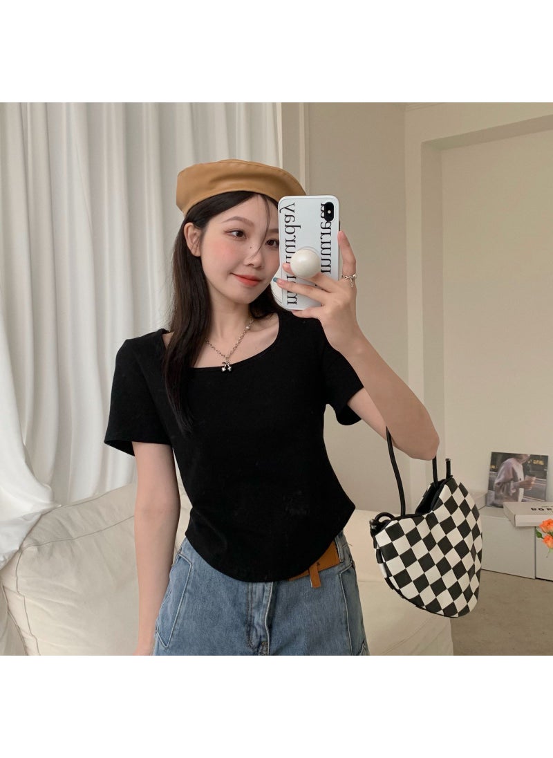 1 x 5 pcs Summer 2024 Womens Irregular Short Sleeve Crop Top Black