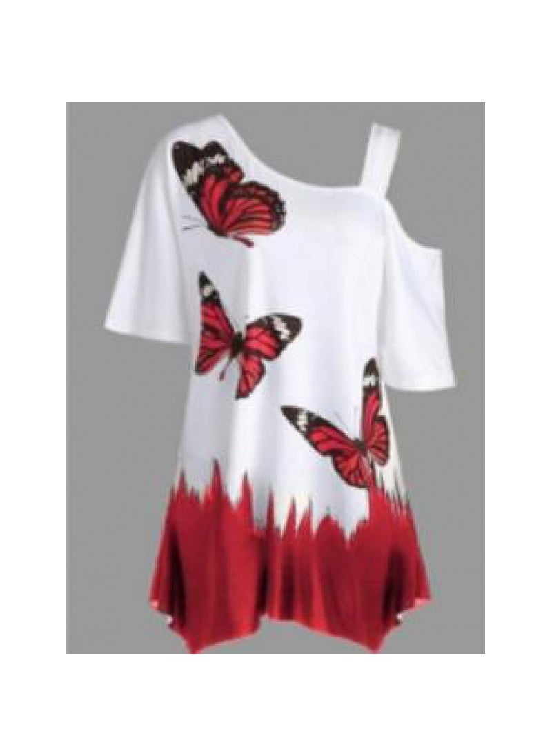 1 x 5 pcs 2023 Butterfly Digital Print Womens T-Shirt Burgundy