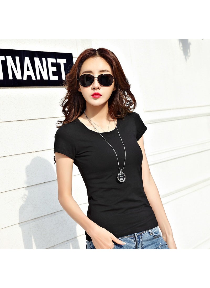 1 x 5 pcs Korean Style Slim Fit Cotton Tee for Women Summer Short Sleeve Round Neck Top Women's black (round neck)