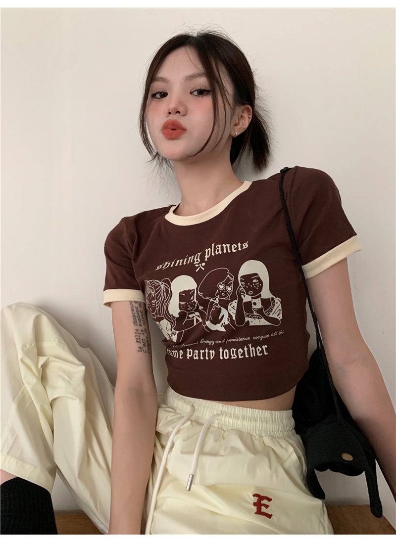 1 x 5 pcs 2024 Vintage American Print Crop Top Tee for Women Coffee