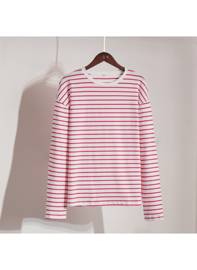 Striped Long Sleeve Tee 2024 Spring Casual Rose Red