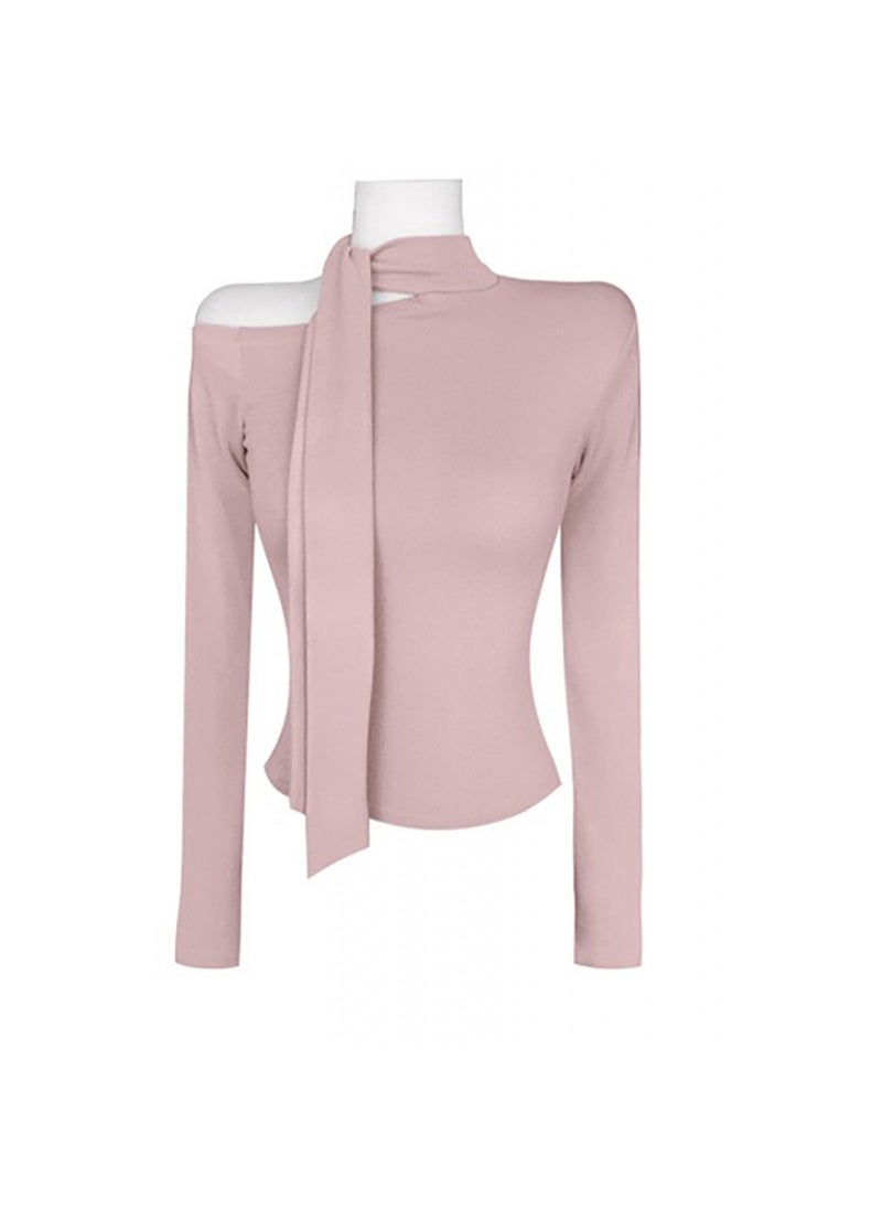 Korean Dongdaemun New Pink Charm Tie-Neck Slim Long-Sleeve Tee Pink