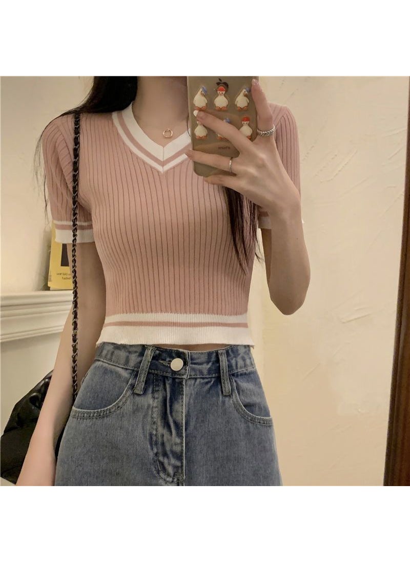 Chic V-Neck Crop Top Knit Tee for Women Pink