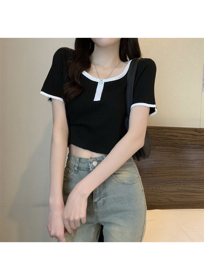 2023 French Square Neck Slim Crop Top Black