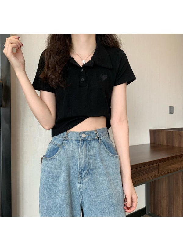 1 x 5 pcs 2024 Embroidered Crop Top Cotton Tee for Women Black