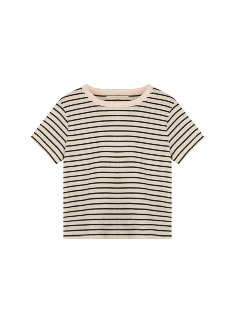 1 x 5 pcs Retro Striped Short Sleeve Tee Womens Casual Loose Summer Top Apricot