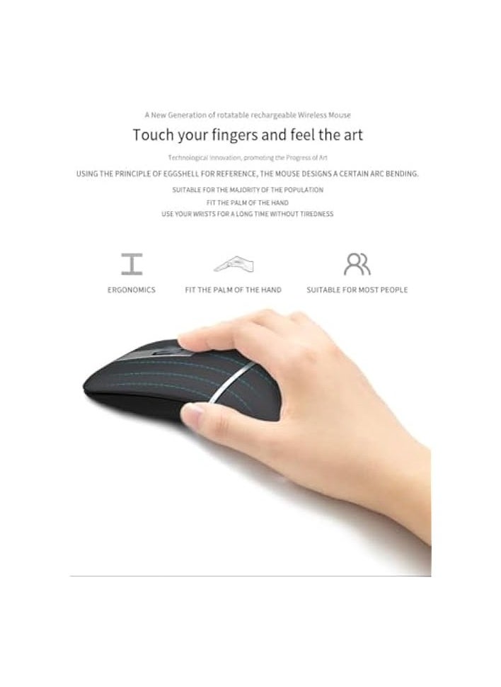 Foldable Arc Wireless Mouse with USB Receiver, 180° Rotation, Silent Click, Bluetooth 2.4GHz Arc Mouse for Laptop, Rechargeable, Ultra Slim, for PC, Laptop, MacBook (Black)