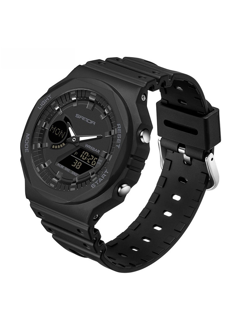 1 x 5 pcs Waterproof Dual Display Wristwatch All Black