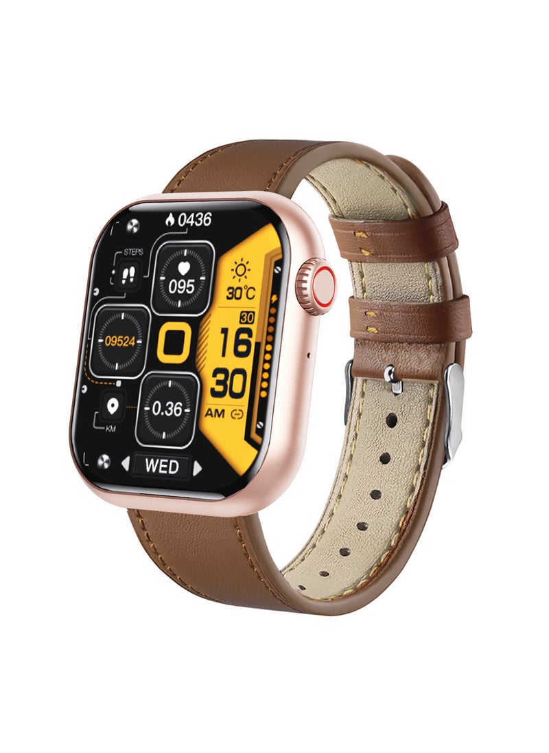 F57 Smart Watch Bluetooth Call HR  Temp Monitor Sports Band Gold + brown leather