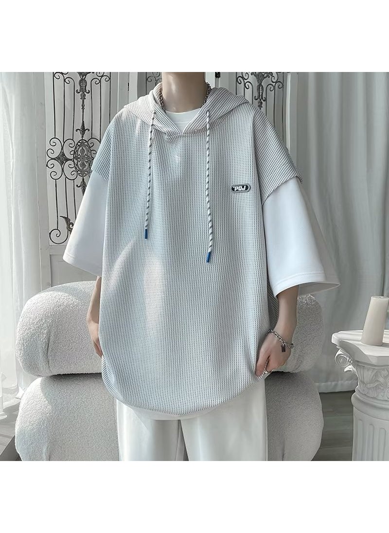 Hooded Fashion Trendy Loose Fit Japanese Mens T-Shirt Summer White