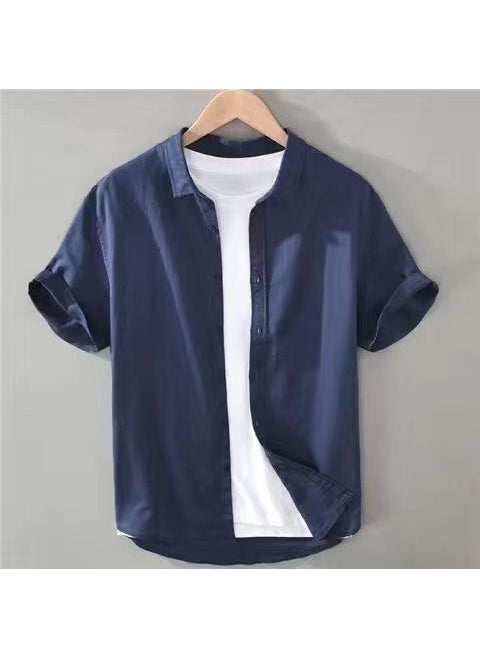 Mens Linen Collared Short Sleeve Tee Casual Top msp-3321 navy blue single piece without T-shirt