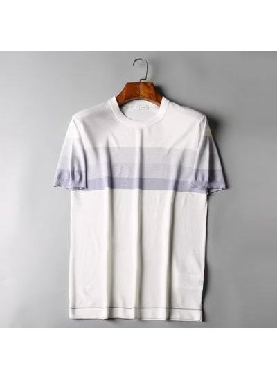 1 x 5 pcs Mens Summer Striped Ice Silk T-shirt Casual Loose Trendy Tee White