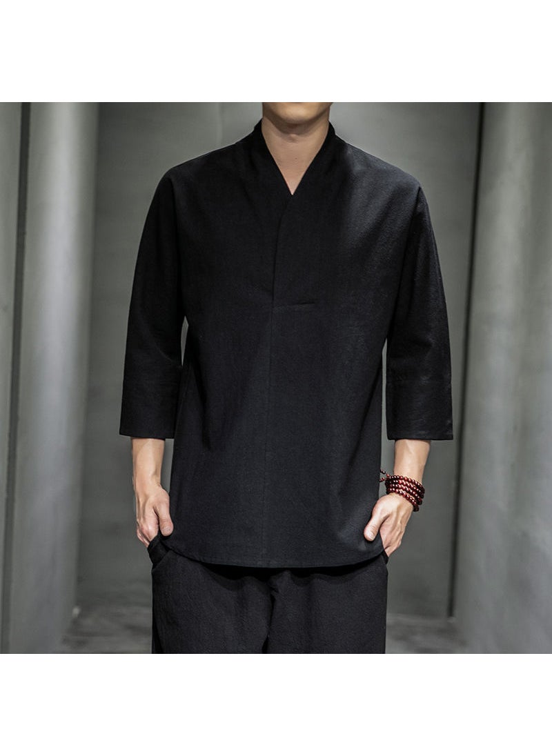 Mens Summer Linen Cotton Hanfu Style Shirt 2 Black