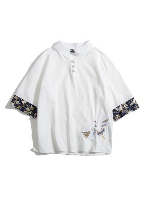 2022 Summer Chinese-Style Linen Cotton T-shirt with Crane Embroidery 1 White