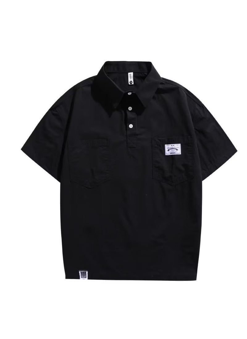 1 x 5 pcs Summer Tooling Short-sleeved Shirt Mens Japanese Style Trendy Brand ins Loose Large Size Casual Polo Shirt Black T-shirt Shirt Black