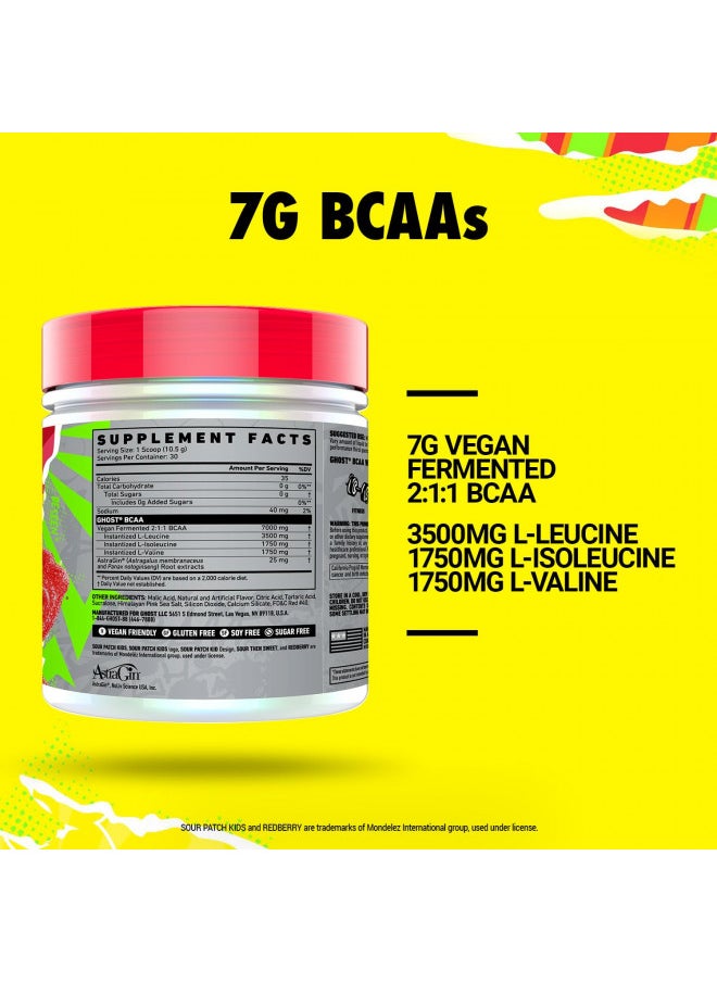 GHOST BCAA Amino Acids, Sour Patch Kids Redberry - 30 Servings - Sugar-Free Intra and Post Workout Powder & Recovery Drink, 7g BCAA Supports Muscle Growth & Endurance- Soy & Gluten-Free, Vegan