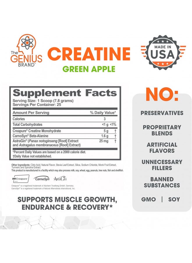 Genius Micronized Creatine Monohydrate Powder, Post Workout Supplement, Green Apple - 100% Naturally Flavored & Sweetened - Supports Muscle Building, Cellular Energy & Cognitive Function 195g