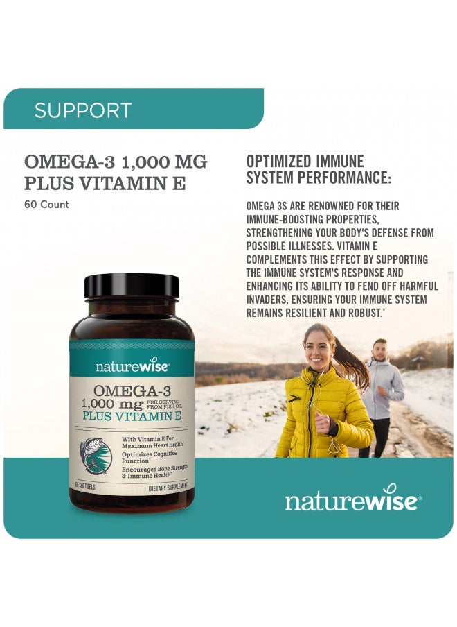 NatureWise Extra-Strength Omega 3 Fish Oil Supplement - 1000mg per Serving - 600 EPA & 400 DHA and Vitamin E - Support for Heart & Brain Health - Lemon Flavor, Non-GMO - 60 Softgels[1-Month Supply]