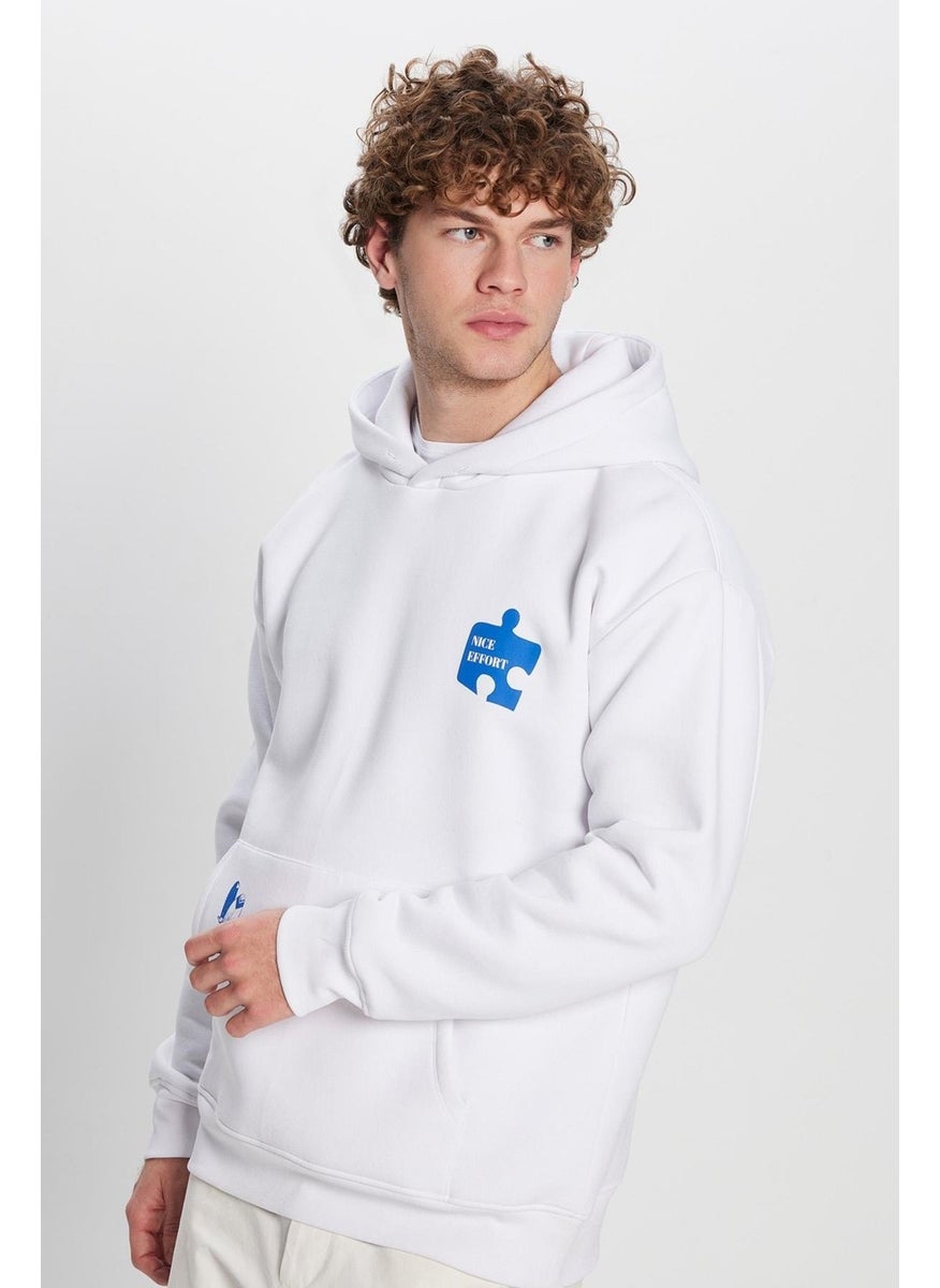 Unisex Oversize Wide Cut Cotton Soft Textured Polar Fleece Printed White Hooded Sweatshirt