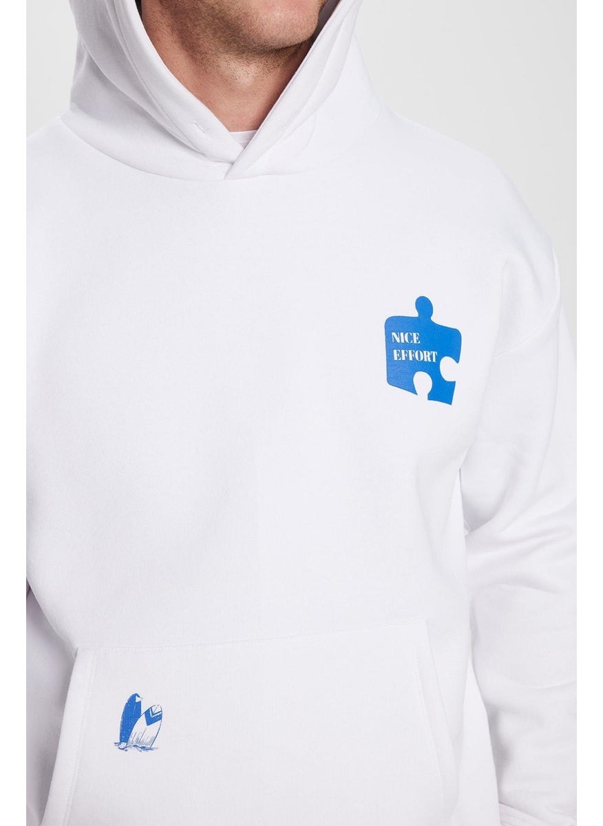 Unisex Oversize Wide Cut Cotton Soft Textured Polar Fleece Printed White Hooded Sweatshirt