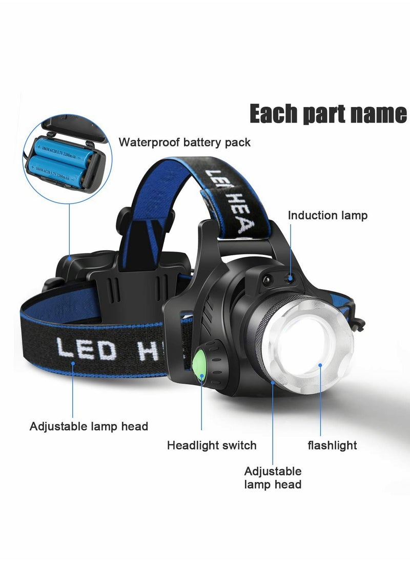 Rechargeable Waterproof LED Headlamp Flashlight for Outdoor Activities, Camping, Hiking, and Emergency Use - Bright, Durable, and Hands-Free Lighting Solution.