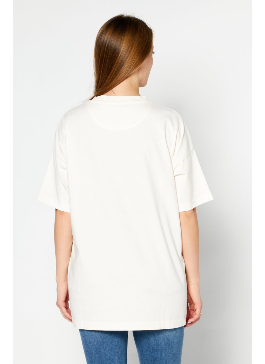 Women Crew Neck Short Sleeve Embroidered Logo T-Shirt, Off White