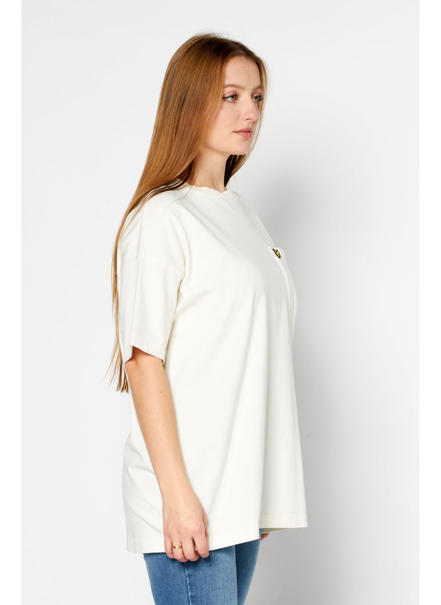 Women Crew Neck Short Sleeve Embroidered Logo T-Shirt, Off White