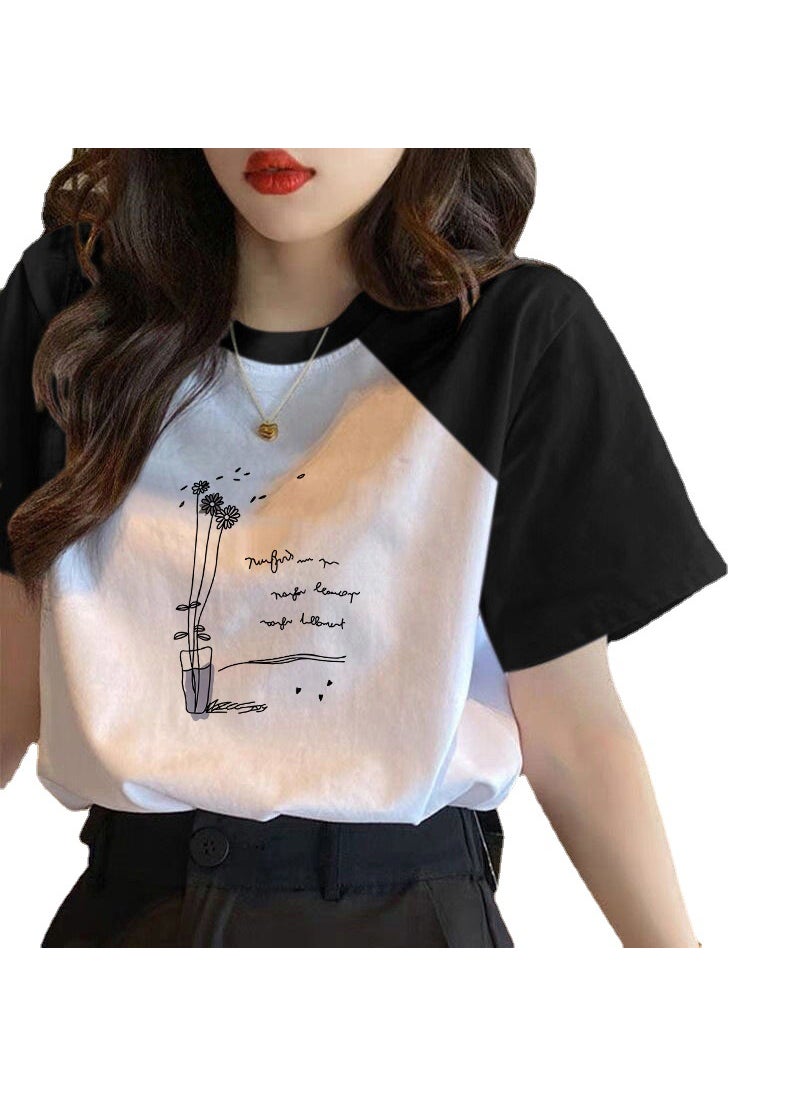 100 Cotton Contrast Short-sleeved T-shirt Women's 2023 New Spring and Summer Loose T-shirt All-match Top Instagram Trendy Women