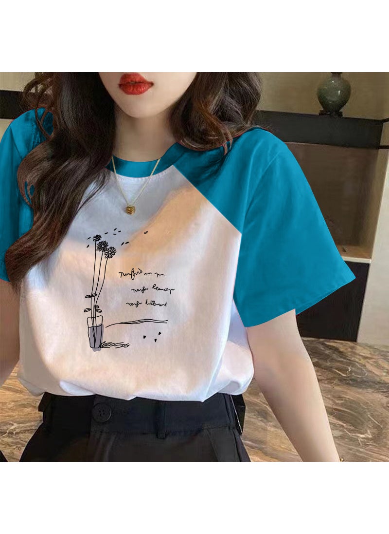 100 Cotton Contrast Short-sleeved T-shirt Women's 2023 New Spring and Summer Loose T-shirt All-match Top Instagram Trendy Women