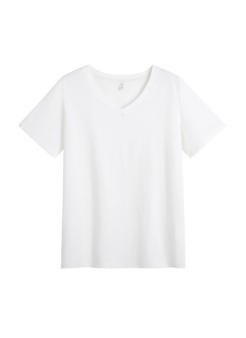 Plus Size Cotton V-Neck T-Shirt Casual White