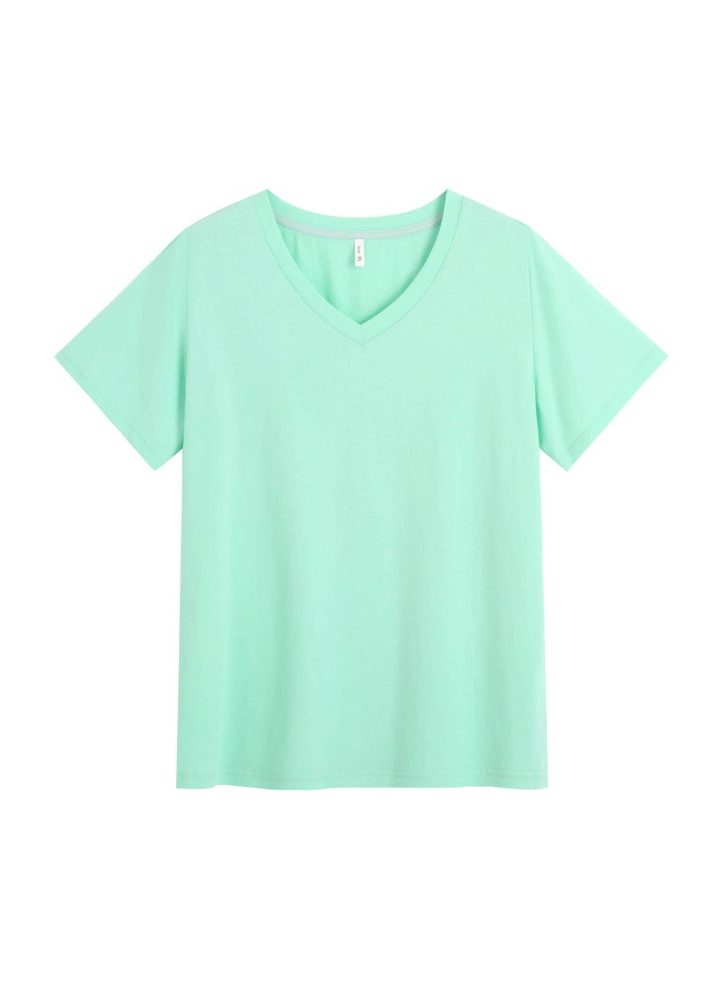 Plus Size Cotton V-Neck T-Shirt Casual Mint Blue