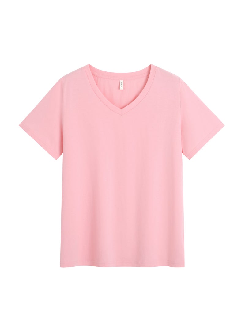 Plus Size Cotton V-Neck T-Shirt Casual Crystal powder