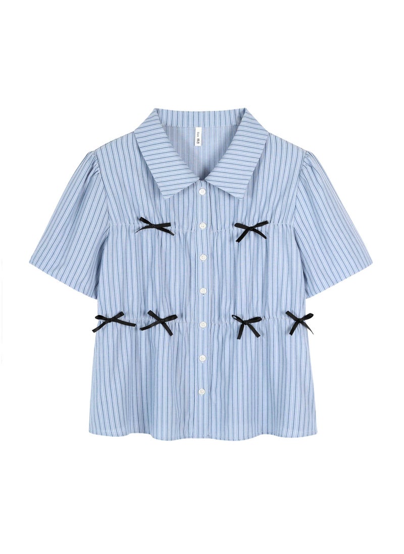 1 x 5 pcs Sweet Preppy Style Blue Bow Blouse Plus Size Blue Stripe