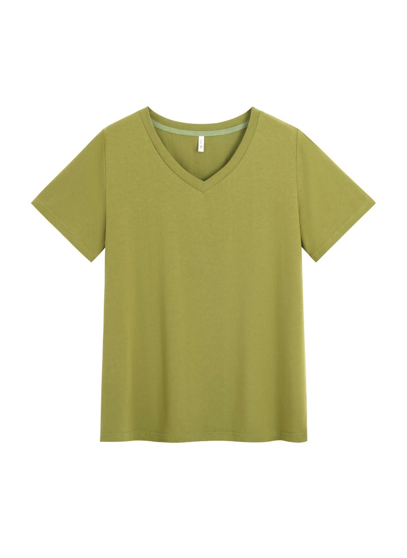 Plus Size Cotton V-Neck T-Shirt Casual Olive green