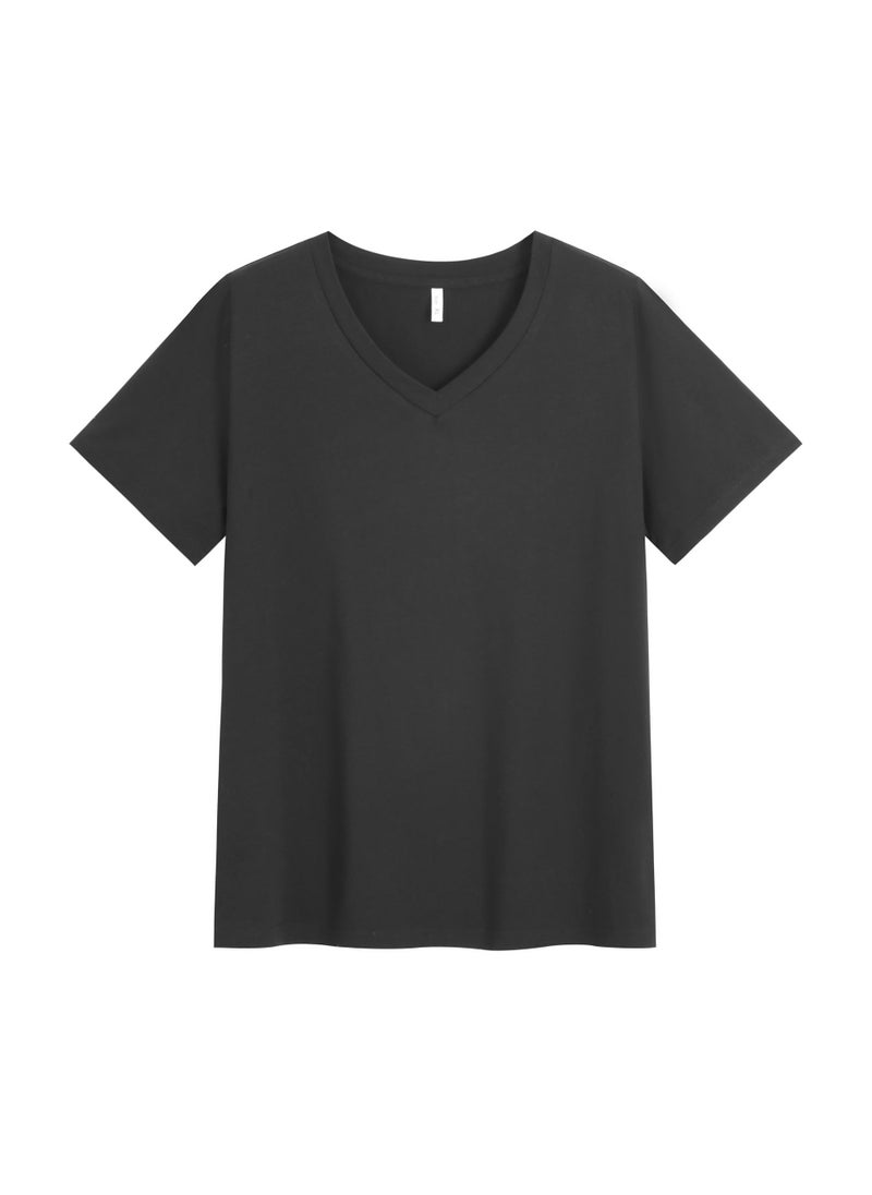 Plus Size Cotton V-Neck T-Shirt Casual Black