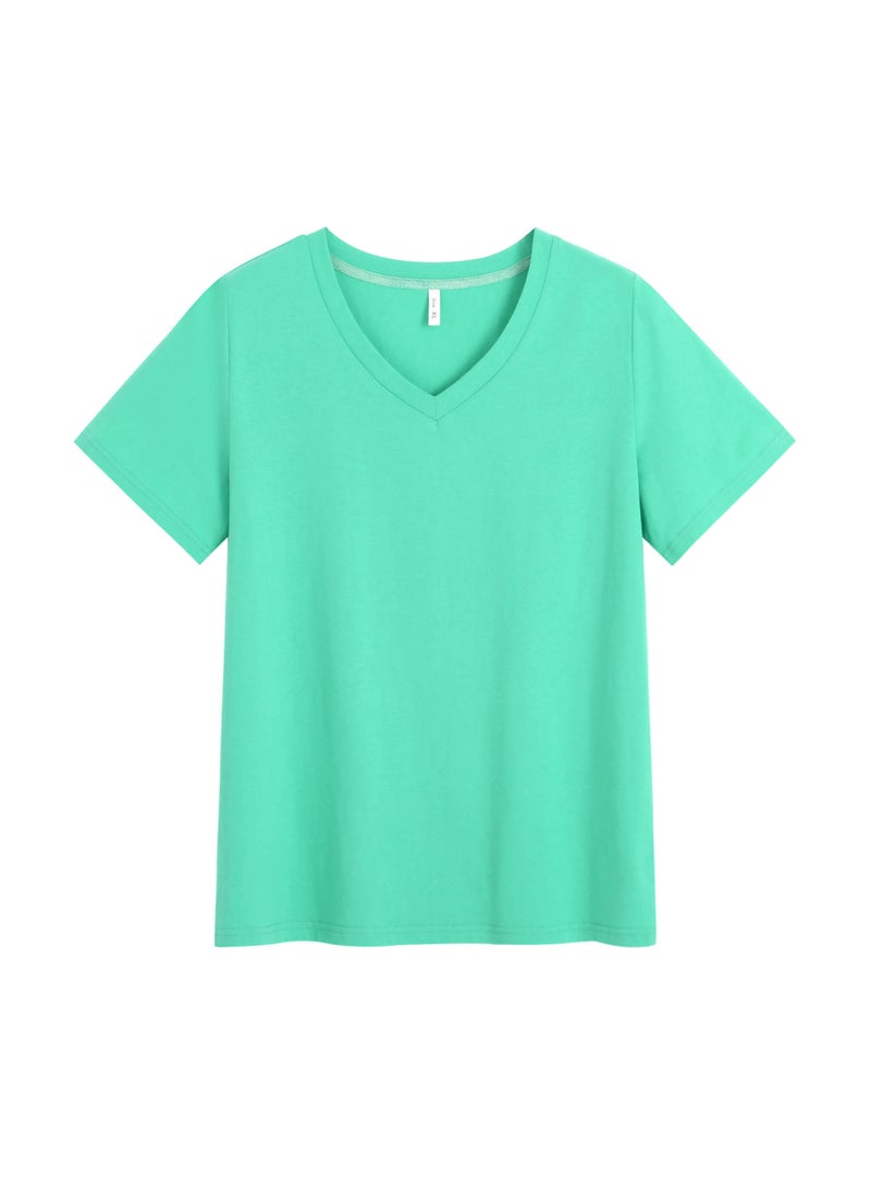 Plus Size Cotton V-Neck T-Shirt Casual Turquoise