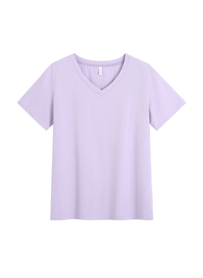 Plus Size Cotton V-Neck T-Shirt Casual Mallow purple