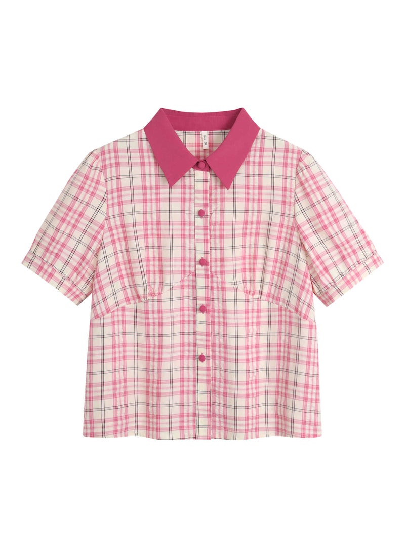 1 x 5 pcs Plus Size Vintage Check Shirt with Puff Sleeves Pink lattice